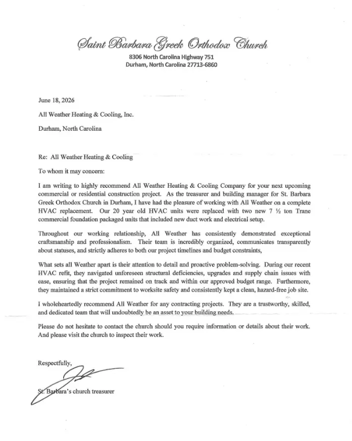 Recommendation letter from St. Barbara Greek Orthodox Church for All Weather Heating and Cooling